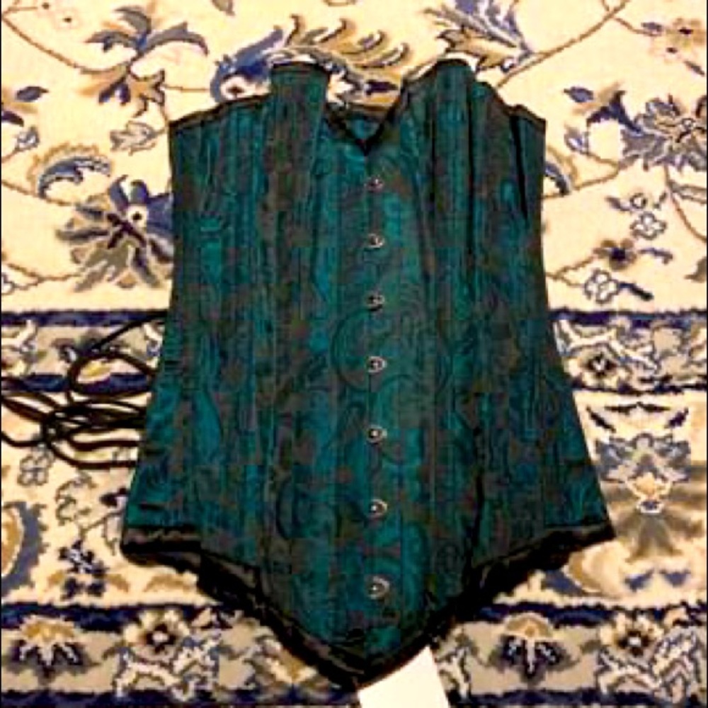 NWT steel-boned REAL waist-shaping corset - green & black brocade